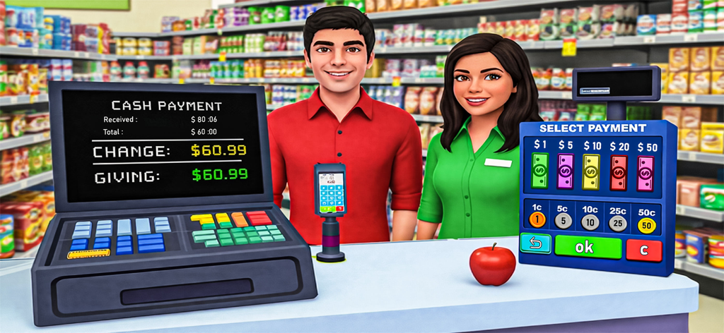 Dog Food Supermarket Simulator - A supermarket checkout counter with a cash register displaying payment options and two friendly cashiers
