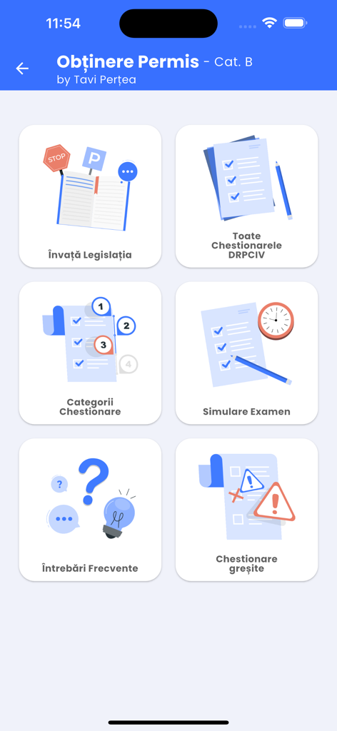 Dashboard principale dell'app mobile Ottieni la Patente che mostra opzioni per imparare la legislazione stradale e sostenere quiz di prova DRPCIV.