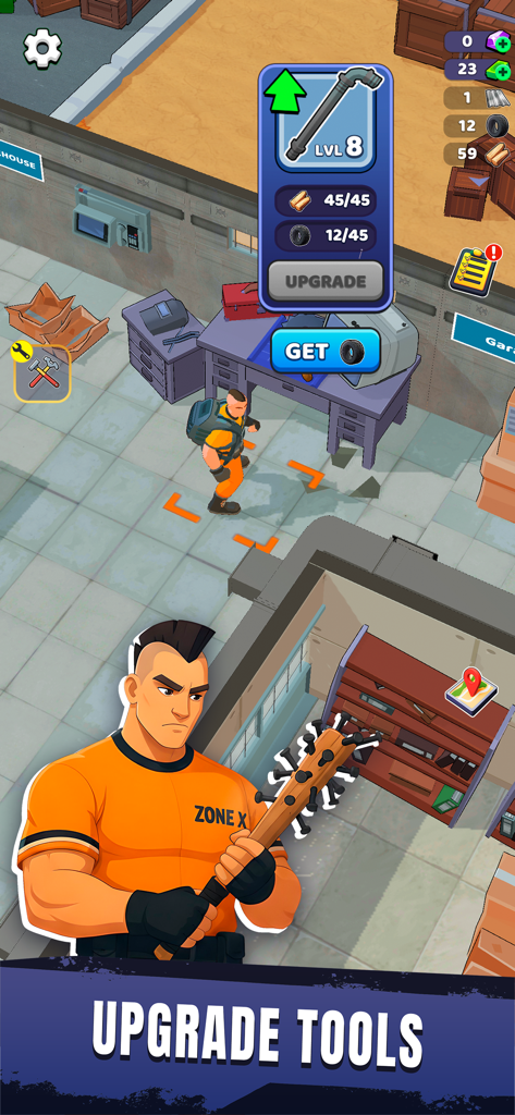 Zone X: Wasteland Survival - Un personaje con mono naranja sosteniendo un bate con púas junto a una interfaz de mejora de herramientas en un juego de supervivencia post-apocalíptico