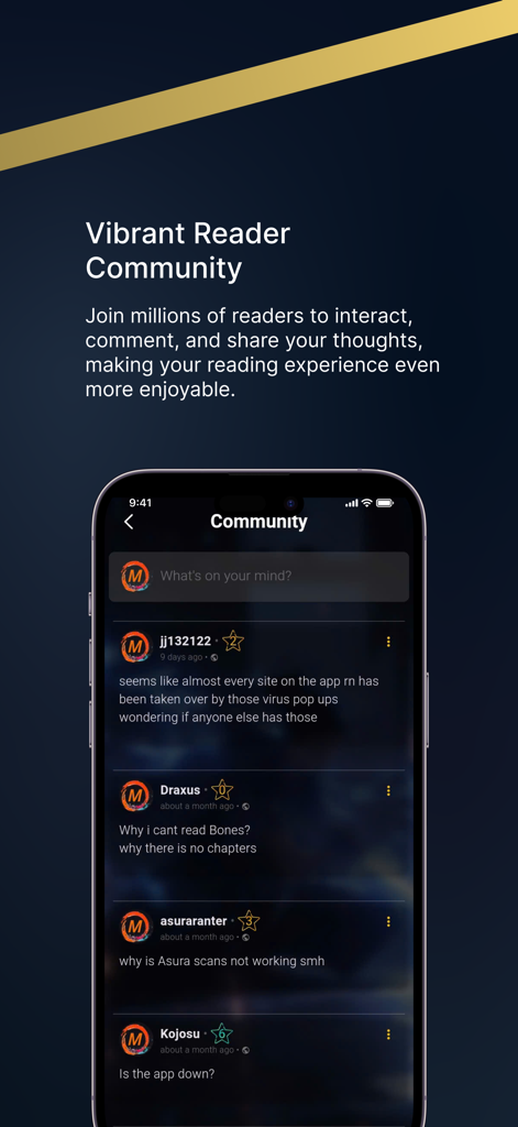 Community interface of the AsuraComic app showing user comments and interactions