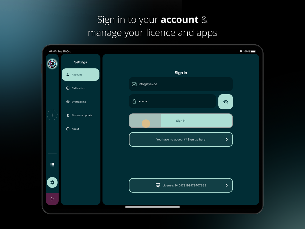 Skyle X - Skyle X iPad app sign in screen for account and license management