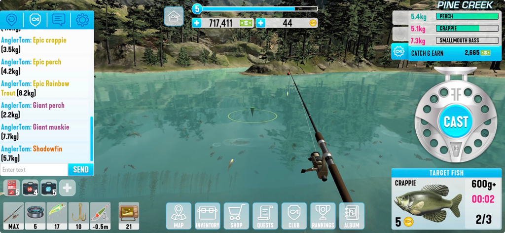 Fishing Friends 3D - Big Catch - Jugabilidad de pesca en primera persona en el entorno de Pine Creek de Fishing Friends 3D Big Catch