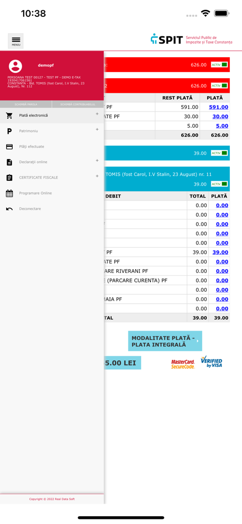 eTax Mobile - SPIT - Side menu and tax payment dashboard in the eTax Mobile SPIT app showing account balances and official payment options.