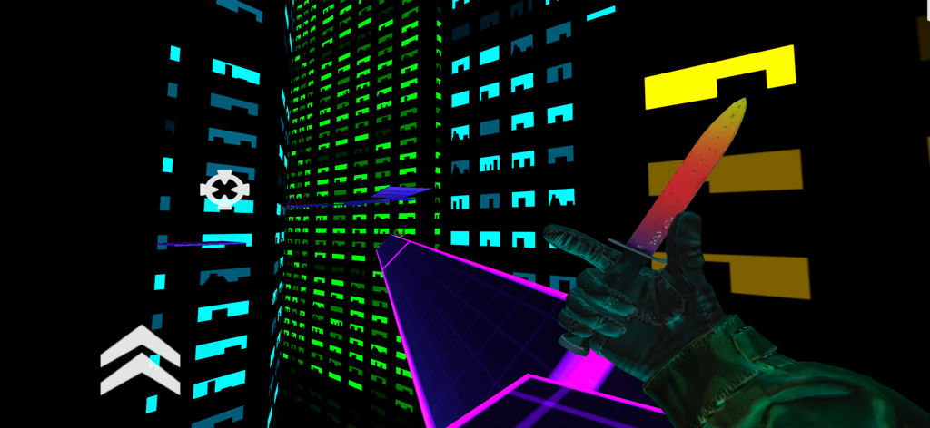 Vista en primera persona de parkour de Surf GO con un fondo de ciudad de neón y una skin de cuchillo personalizada.