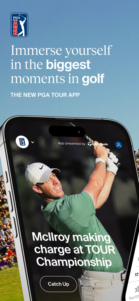 iPhone screen showing the PGA TOUR app with news about Rory McIlroy during the TOUR Championship