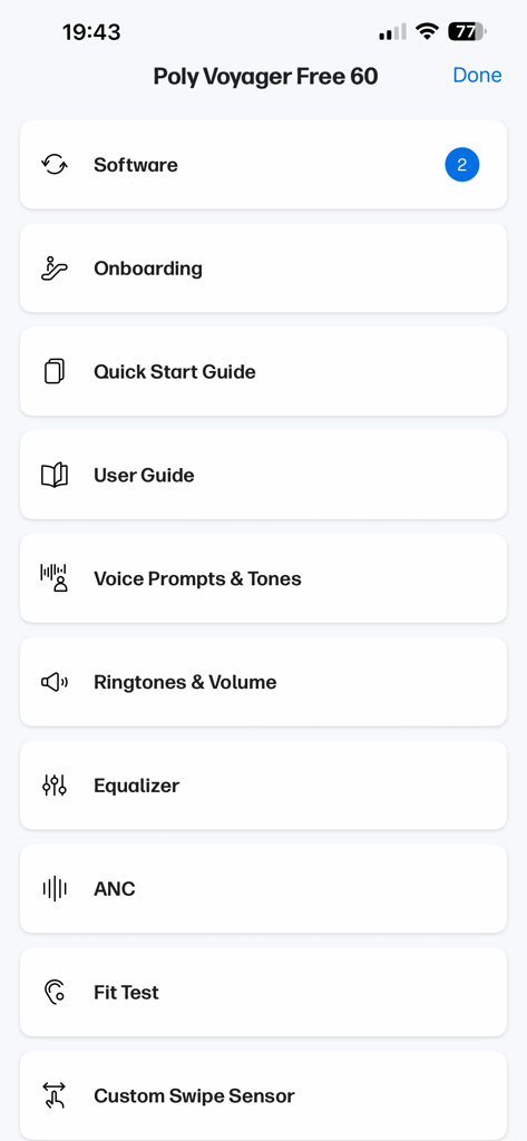 HP Poly Studio Mobile - Menu des paramètres de l'application HP Poly Studio Mobile pour le Poly Voyager Free 60, montrant les options de mises à jour logicielles, d'égaliseur et de contrôle ANC.