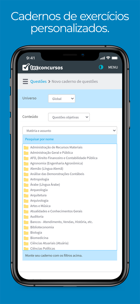 Tec Concursos - Mobile app screen for creating personalized study notebooks with various exam subjects
