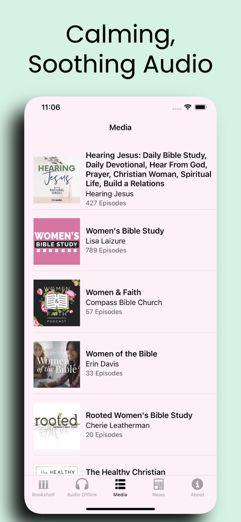 Women's Bible app - A screenshot of the media library in the Women's Bible app featuring various spiritual podcasts for women