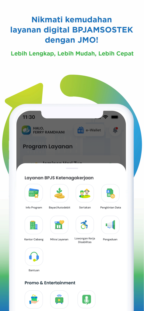 Painel do aplicativo JMO Jamsostek Mobile mostrando vários serviços digitais do BPJS Ketenagakerjaan