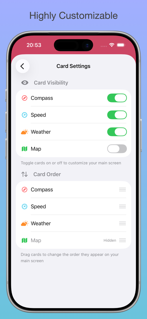 Settings screen for customizing the visibility and order of data cards