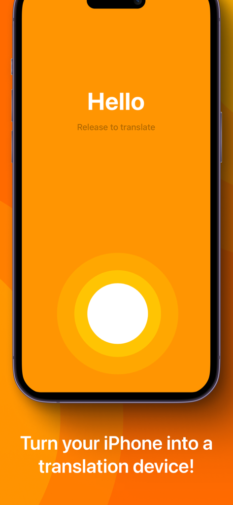 iTranslate Converse - Interface minimaliste orange de traduction vocale pour iTranslate Converse sur un iPhone.