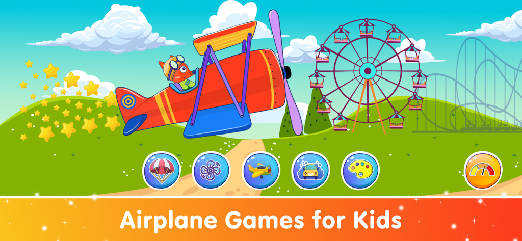 Kids Car Games for Toddlers - 子供向けの知育ゲームで、風車のある風景の上を飛ぶ複葉機に乗ったカートゥーンのキツネ。