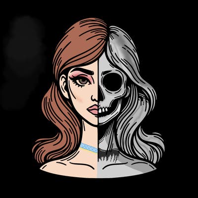 bust of a woman, half face and hair, half skull