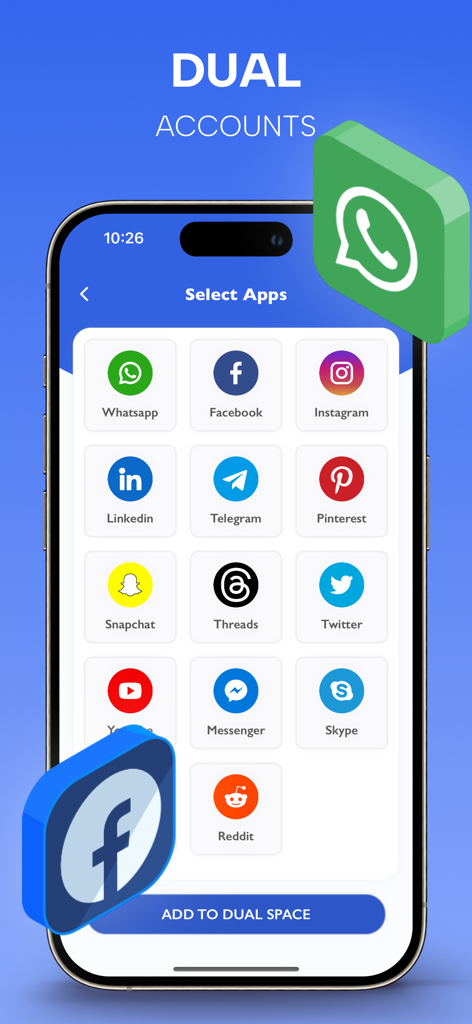 Parallel Space – Dual Accounts - デュアルアカウント用にクローンする準備ができたさまざまなソーシャルメディアアプリが表示されているスマートフォンの画面。