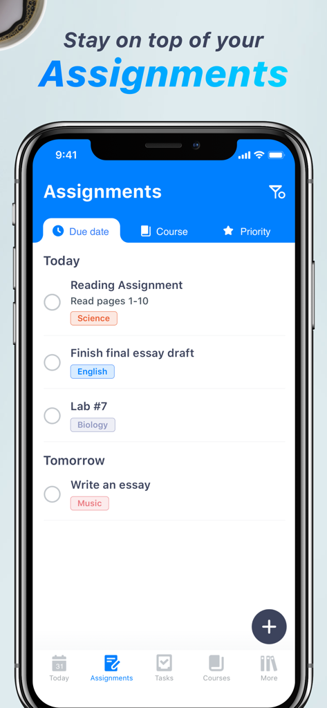 Pocket Schedule Planner - Écran de smartphone affichant l'application Pocket Schedule Planner avec une liste de devoirs académiques organisés par date d'échéance et matière.