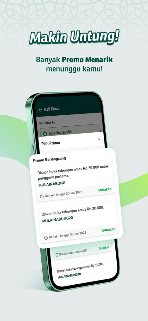 Pegadaian Syariah Digital - Pegadaian Syariah Digitalアプリ画面。金貯蓄口座のプロモーションと割引コードを表示。