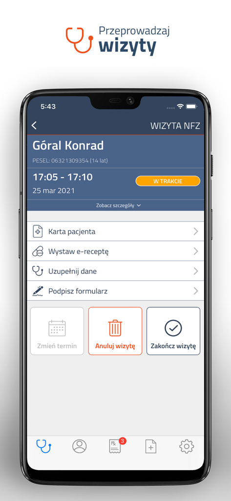 MyDr EDM app interface displaying a patient visit in progress with options for e-prescriptions and clinical documentation.