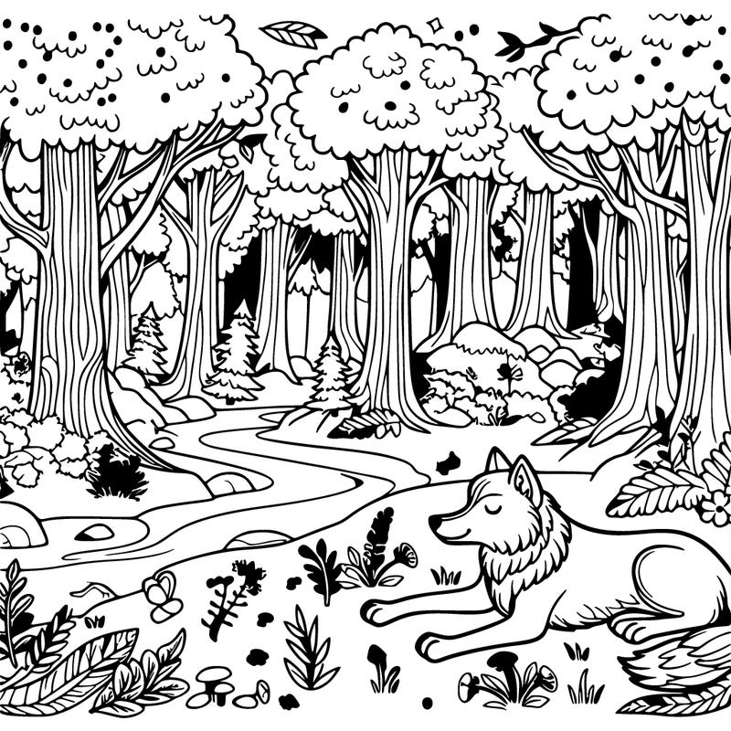 enchanted forest with a wolf