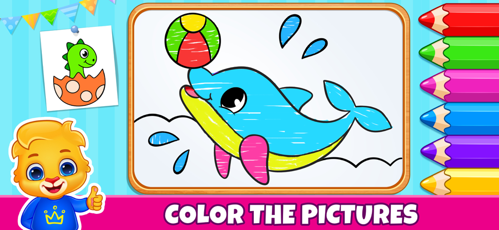 Toddler & Preschool Kids Games - A coloring activity in a preschool kids game featuring a dolphin and colored pencils