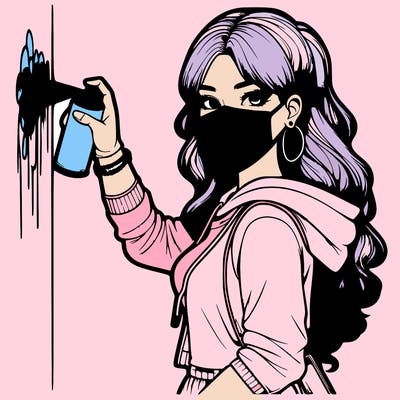 realistic girl with mask spray painting a wall
