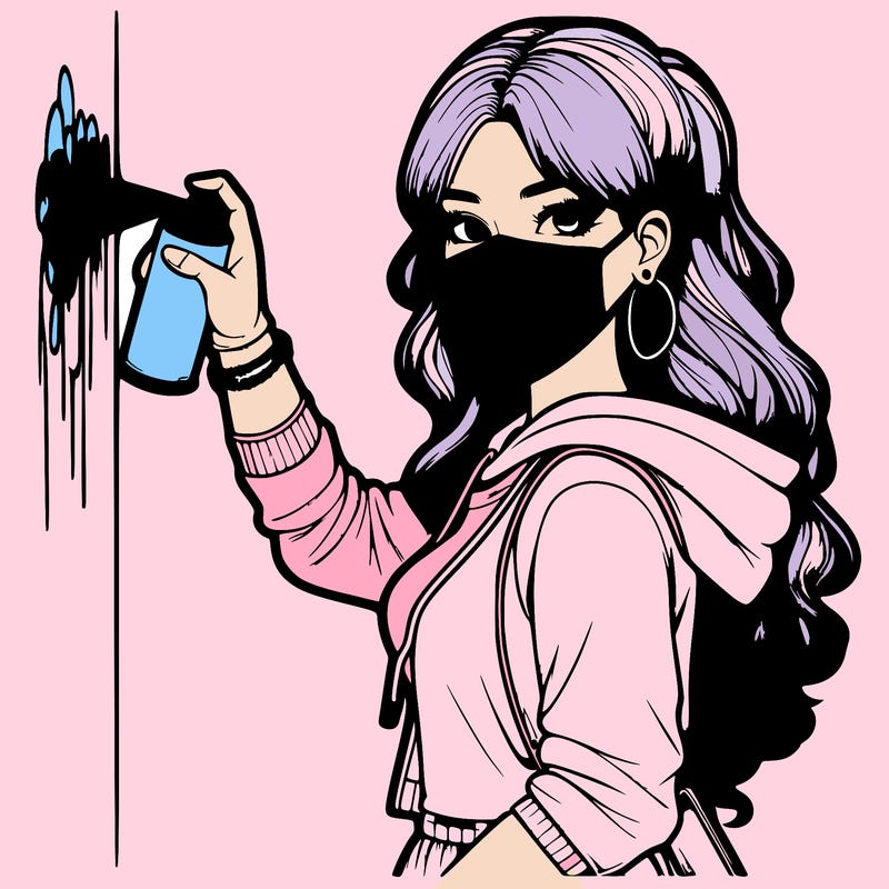 realistic girl with mask spray painting a wall