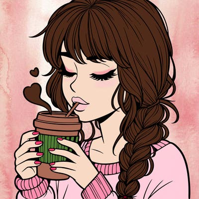 realistic girl drinking coffee