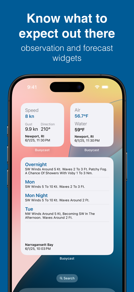 iPhone home screen displaying Buoycast marine weather observation and forecast widgets for Newport and Narragansett Bay