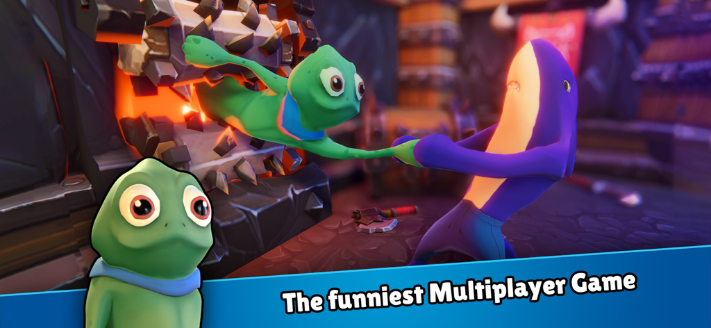 Divertida escena de juego multijugador en Battle Gang con un personaje tiburón arrastrando a un personaje rana de una trampa