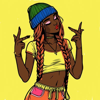 realistic teenage girl with braids and a beanie and crop top doing 🫶🏼