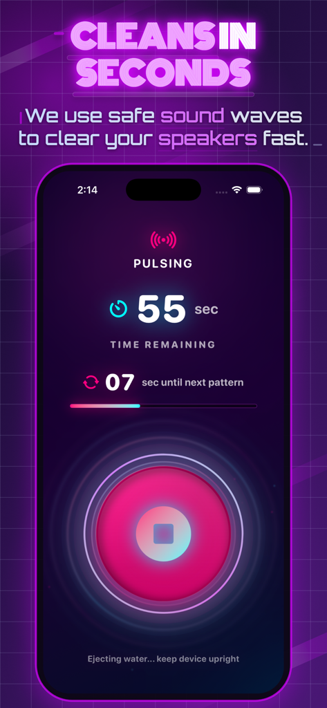 Water Eject | Speaker Cleaner - Water Eject app pulsing mode screen showing a countdown timer and sound wave animation