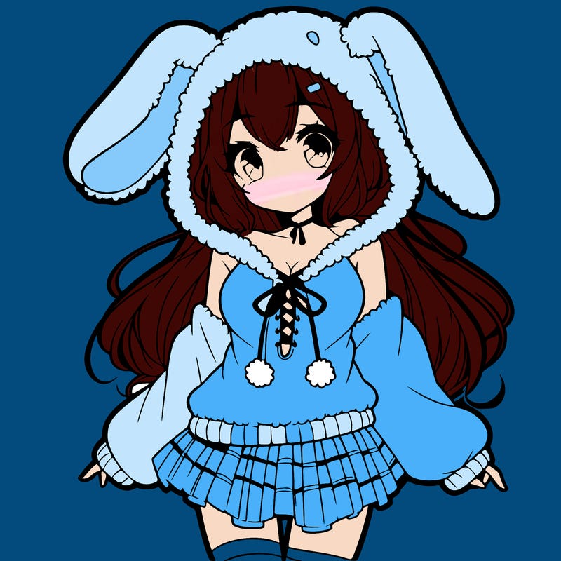 pretty anime girl wearing a fluffy hoodie with bunny ears on the hood and a skirt