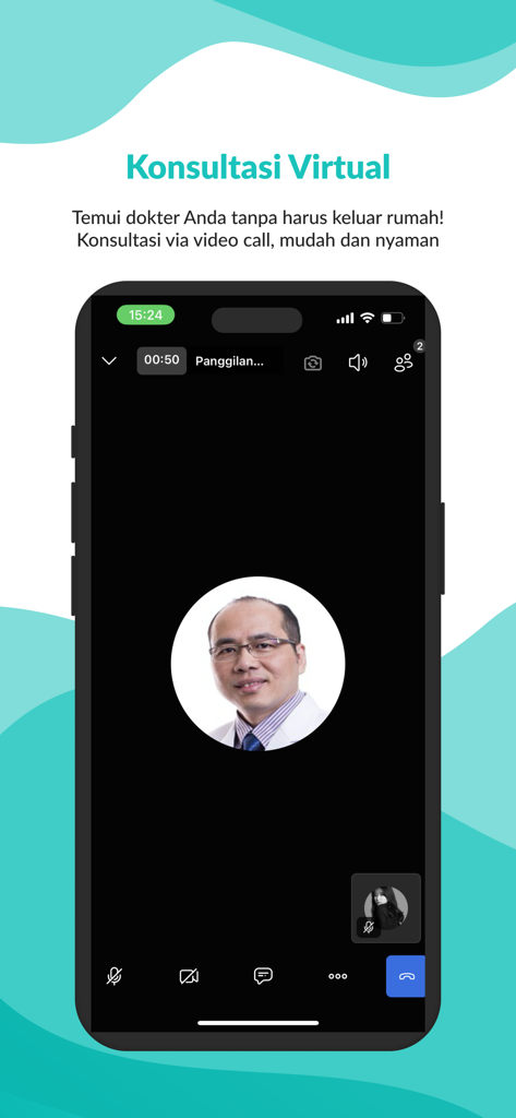 A smartphone interface showing a virtual medical consultation video call between a patient and a doctor.