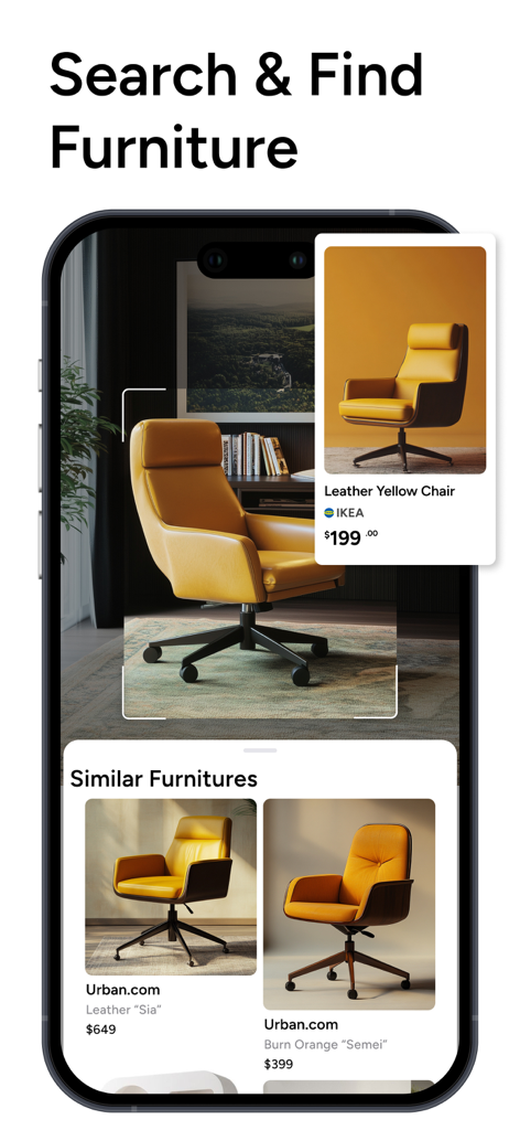 Una pantalla de aplicación móvil que muestra cómo buscar y encontrar muebles utilizando IA para identificar productos y sugerir artículos similares.