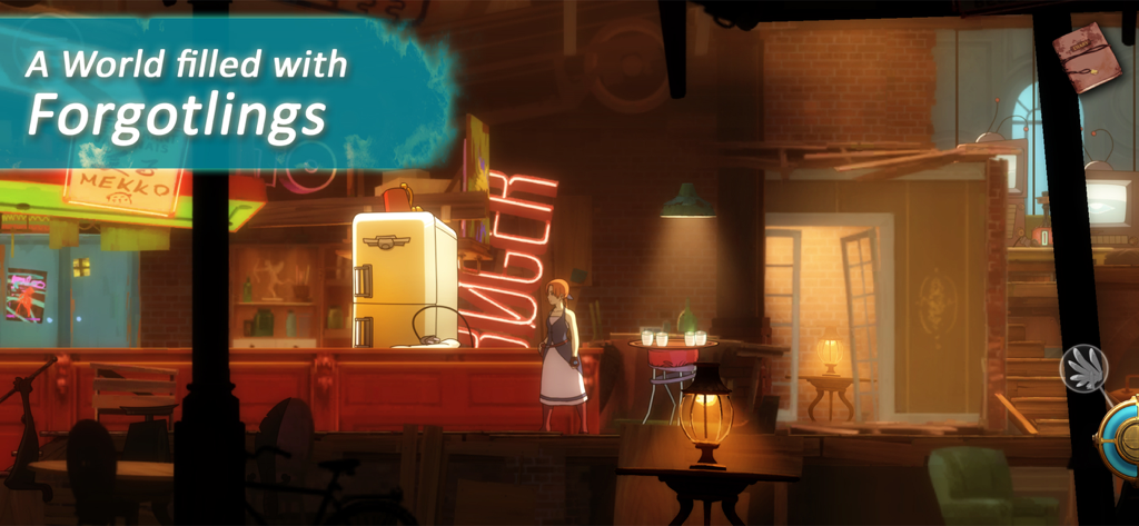 Forgotton Anne - Cinematic hand drawn gameplay scene of Anne in a detailed vintage environment from Forgotton Anne