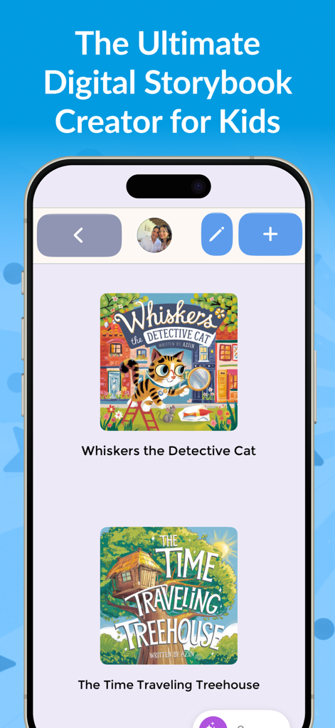 My Story Kids' Storybook Maker - A mobile screen showing the library of the My Story app with two digital books titled Whiskers the Detective Cat and The Time Traveling Treehouse.