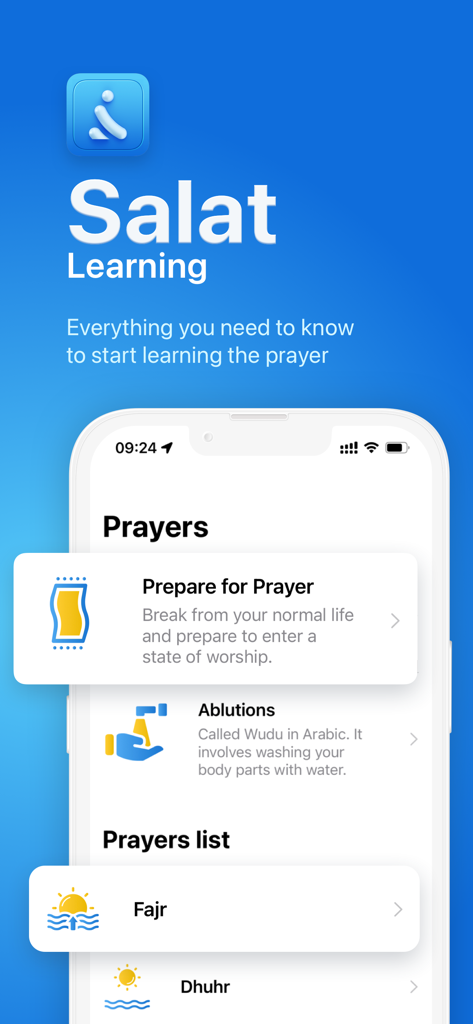 The Salat Learning app interface showing prayer preparation steps, ablutions guide, and the five daily prayers list.
