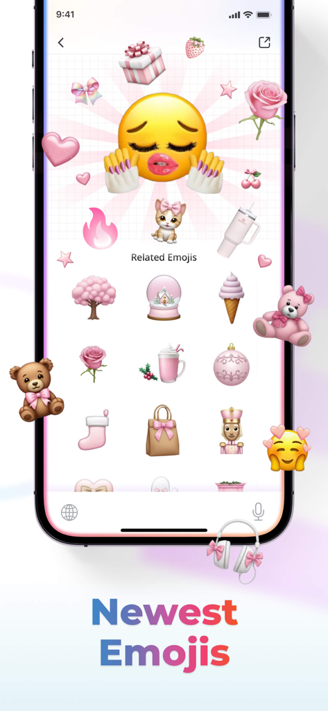 A collection of newest aesthetic pink emojis and icons displayed in the Facemoji app interface