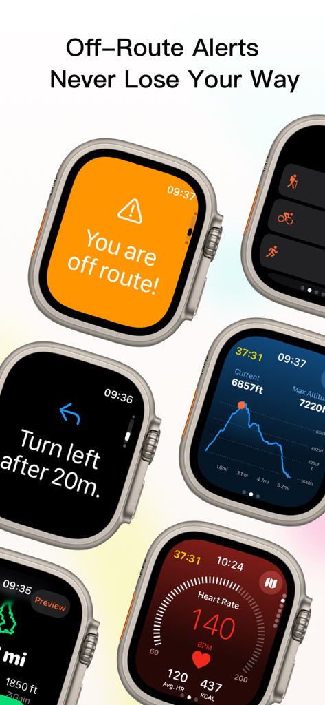 Tooboo - Hiking Trail Guides - Apple Watch interface of the Tooboo app showing off-route alerts navigation instructions and heart rate data