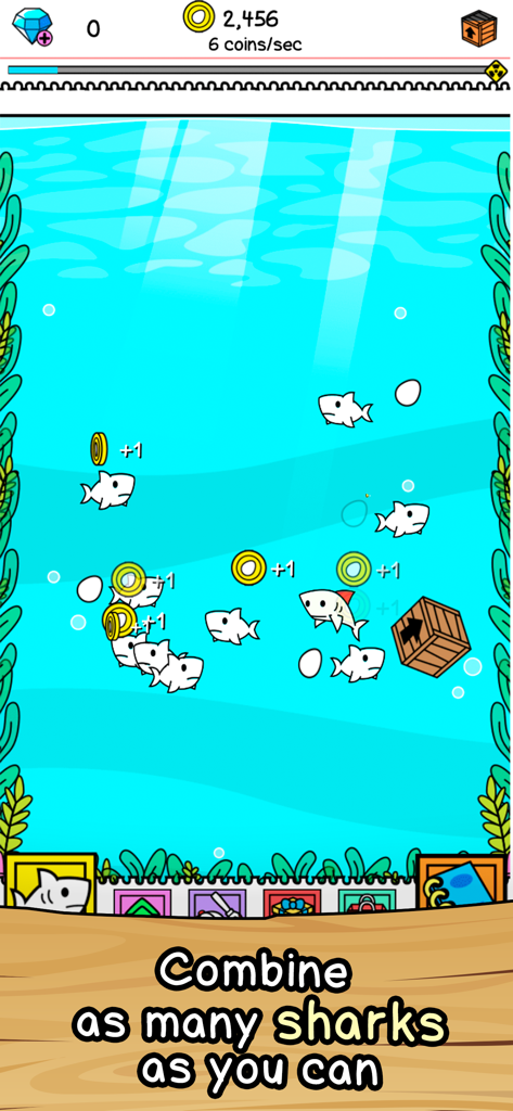 Shark Evolution - Clicker Game - Gameplay of Shark Evolution showing sharks being merged to evolve underwater