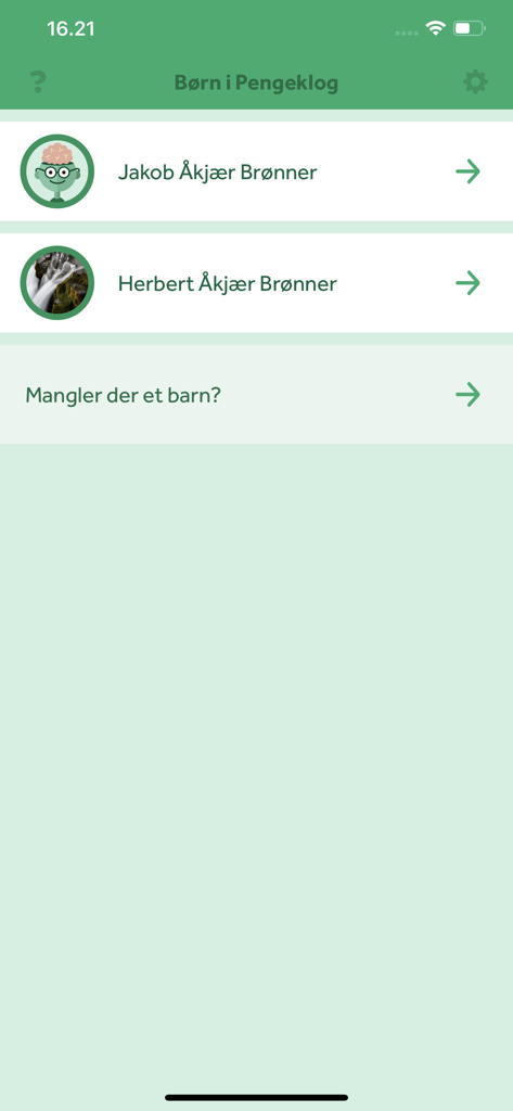 Pengeklog parental dashboard showing a list of children's accounts.