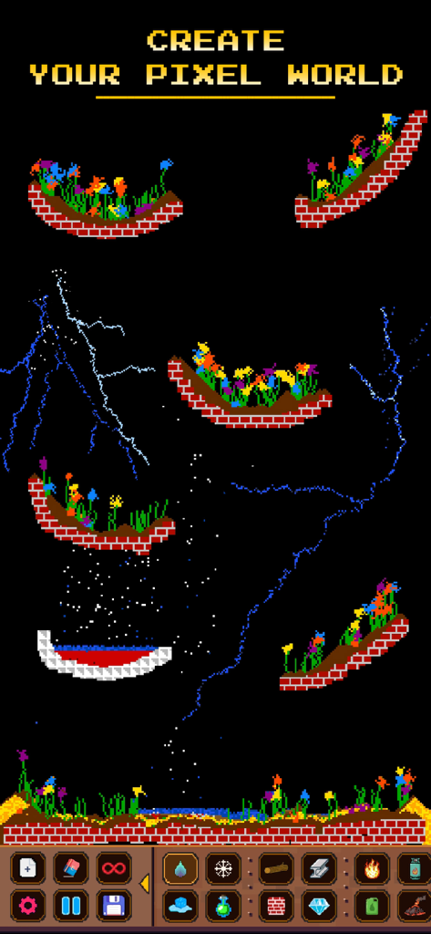Sandbox - Physics Simulator - Creative pixel world building in the Sandbox Physics Simulator app showing flowers and lightning