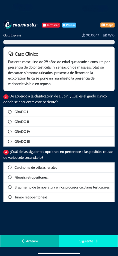 Una pregunta de caso clínico médico en la aplicación de preparación de exámenes ENARMaster
