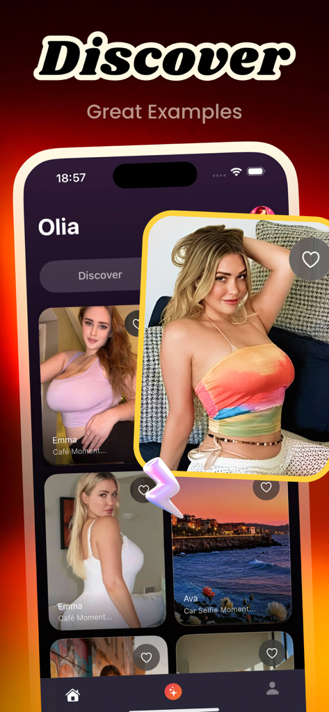 Olia app discover screen showing example photos and AI generated captions for inspiration