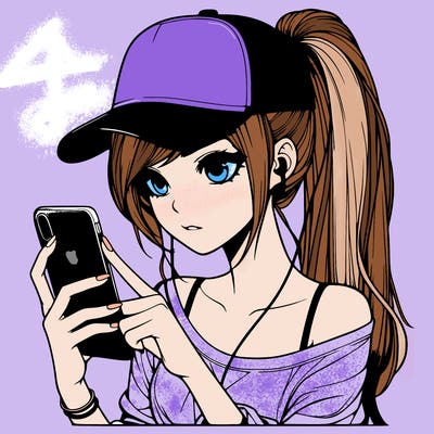 realistic girl with a long ponytail and trucker hat holding an iphone