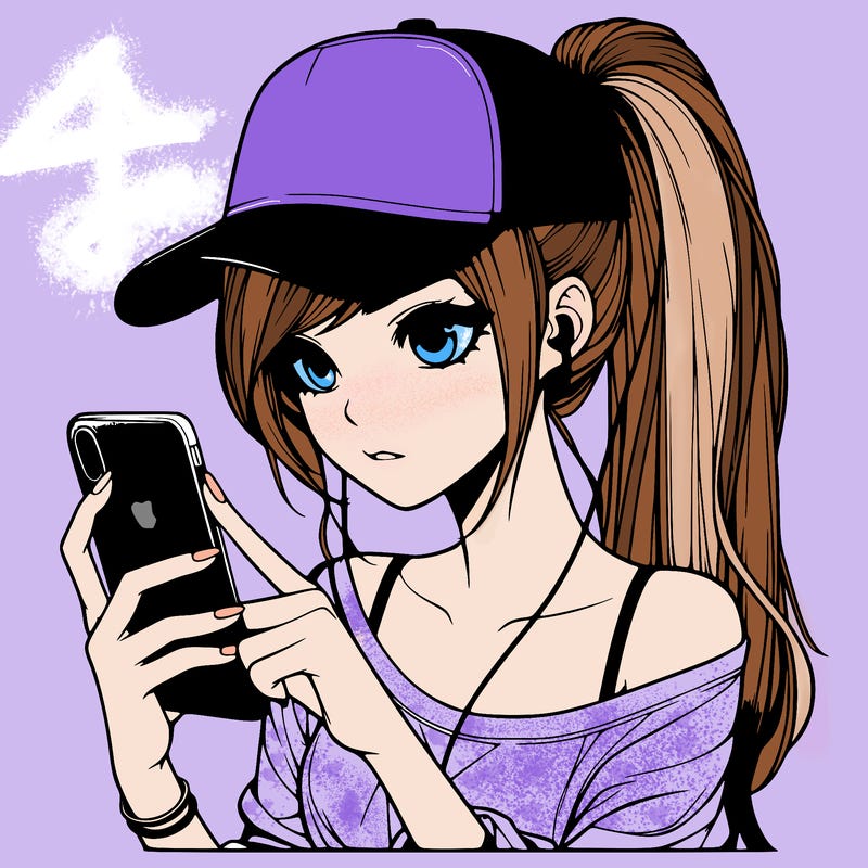 realistic girl with a long ponytail and trucker hat holding an iphone