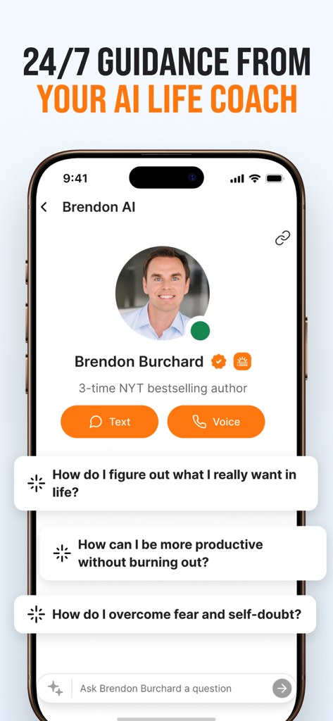 GrowthDay: Daily Mindset Coach - Smartphone interface of GrowthDay app showing the AI life coach feature with Brendon Burchard and suggested mindset prompts.