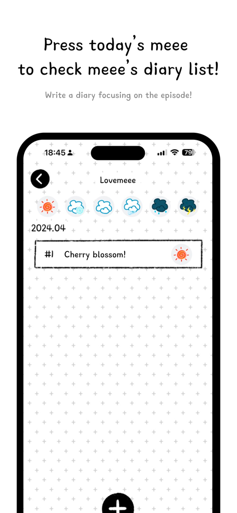 A simple diary app screen showing a list of entries and cute mood icons.