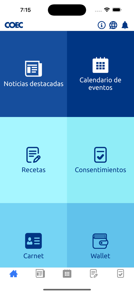 COEC APP - Startbildschirm der mobilen COEC-App für Zahnärzte, der professionelle Dienstleistungen und Werkzeuge anzeigt