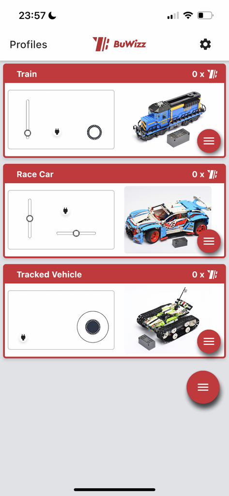 BuWizz - Capture d'écran de l'application BuWizz montrant des profils de télécommande pour des modèles LEGO comprenant un train, une voiture de course et un véhicule sur chenilles.