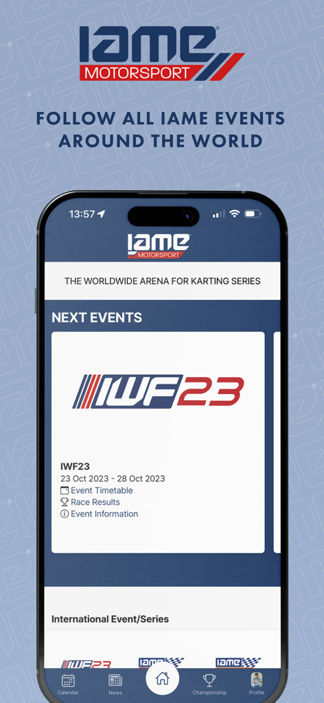 IAME Motorsport - IAME Motorsport app interface showing upcoming karting events and race calendar details